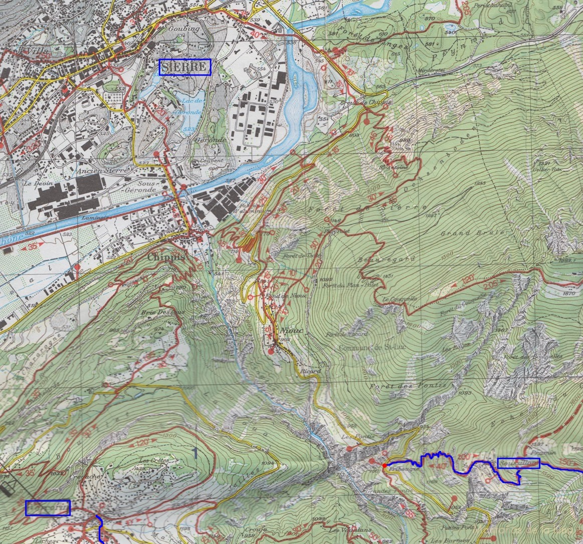 Croquis y mapa donde aparece la última población del Tour de la Val d'Anniviers, Vercorín, y Sierre, a la que llegamos en autobús desde la anterior población. Aparece el comienzo de la 1º Etapa con la subida a Soussillon desde la carretera, a la derecha.